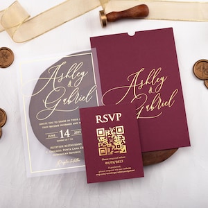 Bourgondische en gouden acrylhuwelijksuitnodiging, gepersonaliseerde bruiloftsuitnodiging, goudfolie bedrukte acrylhuwelijksuitnodigingen, bordeauxrode uitnodiging