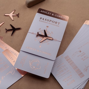Convite de casamento com passaporte, convite para cartão de embarque, folha de ouro branco e rosa, casamento no destino, convite estilo passaporte, passe de casamento
