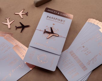 Passport Wedding Invitation, Boarding Pass Invite, White & Rose Gold Foil, Destination Wedding, Passport-Style Invite, Wedding Pass