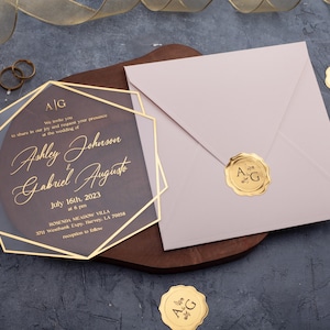 Invitación de boda, lámina de acrílico dorado con sobre rosa ruborizado, invitaciones de boda rosas, tarjeta de boda de acrílico transparente, invitaciones personalizadas