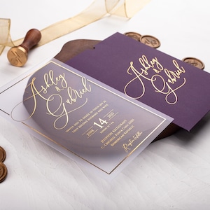 Lila und Gold Acryl Hochzeitseinladung, personalisierte Hochzeit einladen, Goldfolie gedruckt Acryl Hochzeitseinladungen Lila einladen