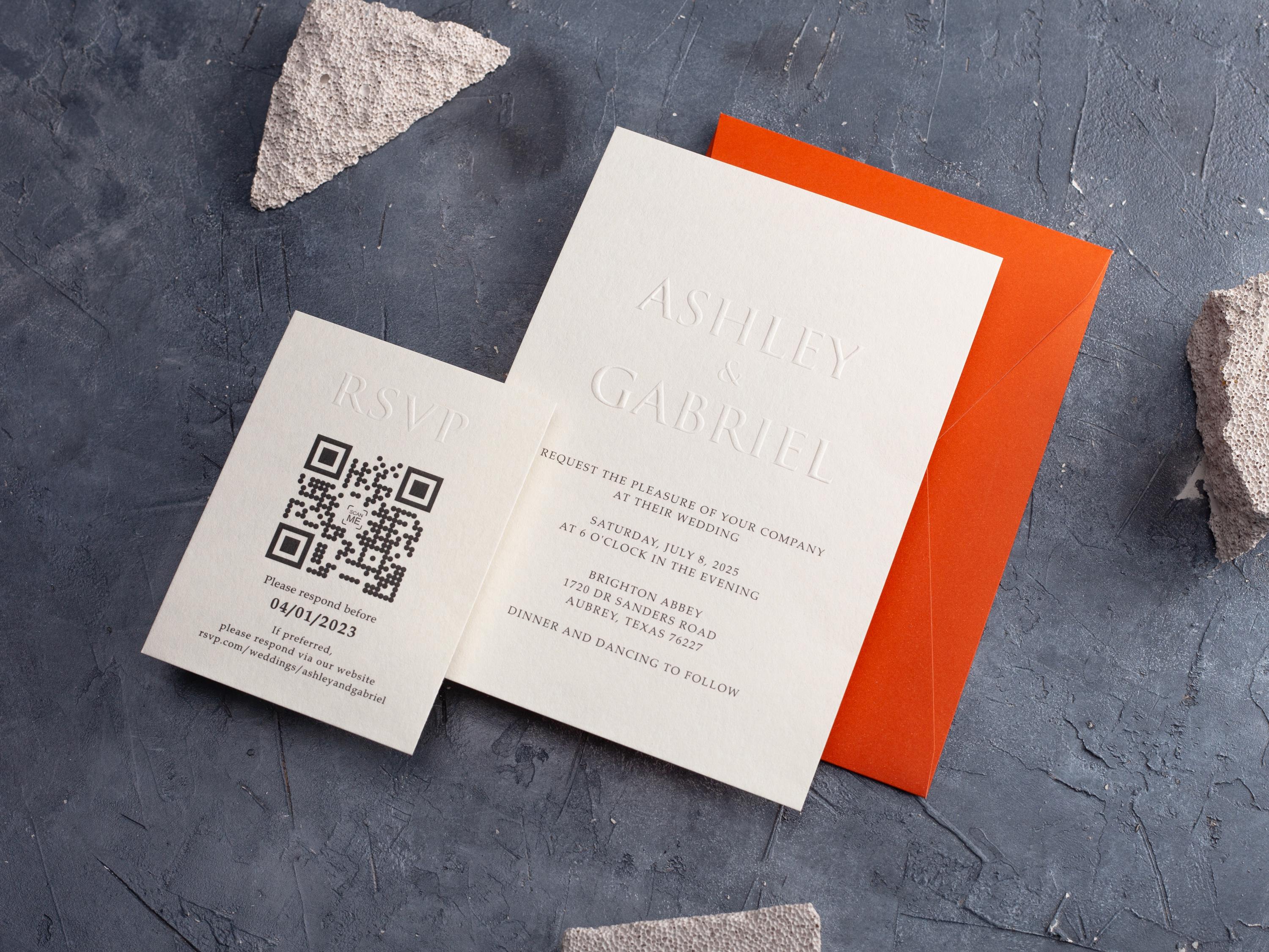 Embossed Wedding Invitations, Letterpress Wedding Invite,Emboss Wedding Invites,Minimalist Design, Custom Wedding Card,Burnt Orange Envelope