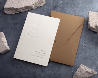 Embossed Save The Date, Letterpress Save The Date Card, Minimalist Design, Emboss Save The Date Card, Ecru Envelope