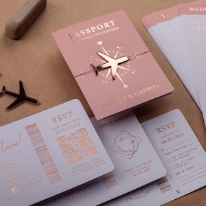 Convite de casamento com passaporte, convite para cartão de embarque, folha de ouro rosa e rosa, casamento no destino, convite estilo passaporte, passe de casamento