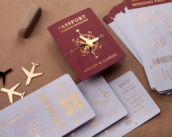 Passport Wedding Invitation, Boarding Pass Invite, Burgundy & Gold Foil, Destination Wedding, Passport-Style Invite, Wedding Pass