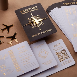 Convite de casamento com passaporte, convite para cartão de embarque, folha preta e dourada, casamento no destino, convite estilo passaporte