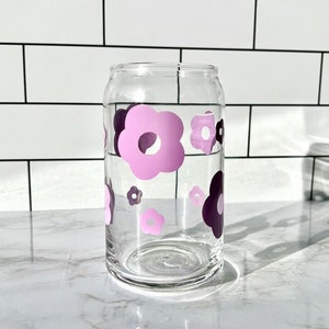 Retro Daisy Flower Glass Cup, Iced coffee glass, Aesthetic Glass cup with Bamboo lid and glass straw included