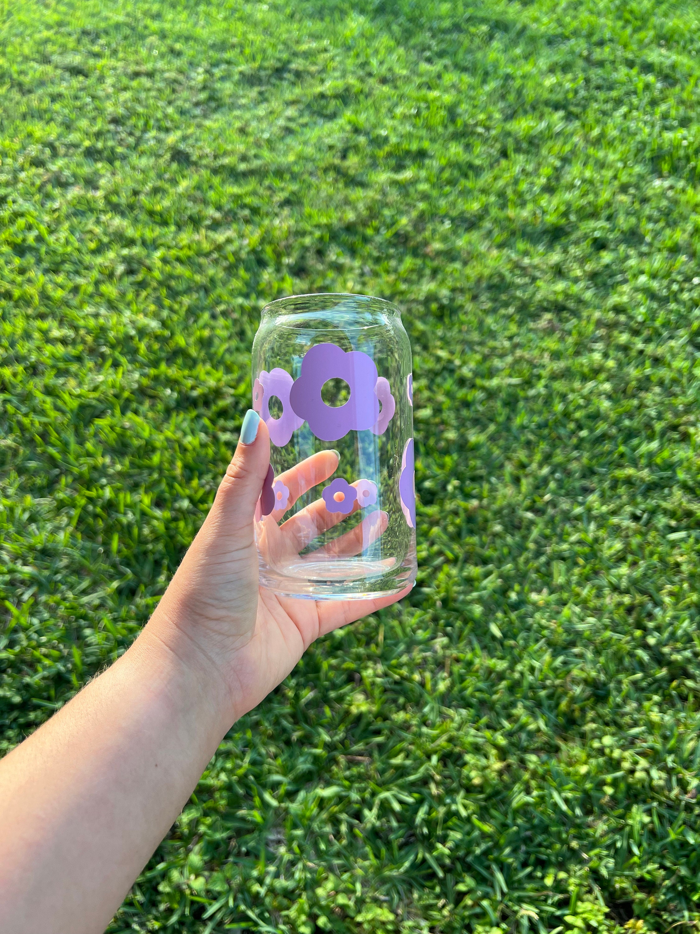 Retro Daisy Flower Glass Cup, Iced Coffee, Bamboo Lid & Straw - Etsy