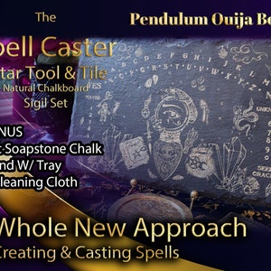 May include: A black slate ouija board with a pendulum, alphabet, numbers, and sigils. The board is labeled "Pendulum Ouija Board". The board is on a purple and gold background with the text "The Spell Caster Altar Tool & Tile Natural Chalkboard Sigil Set".