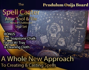 May include: A black slate ouija board with a pendulum, alphabet, numbers, and sigils. The board is labeled "Pendulum Ouija Board". The board is on a purple and gold background with the text "The Spell Caster Altar Tool & Tile Natural Chalkboard Sigil Set".
