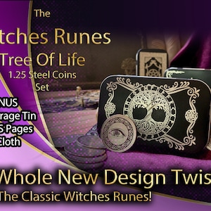 METAL Witches Runes Stone Coins Set Handmade & Storage Tin Steel Triquetra Celtic Divination Fortune DND Dice Lighter BOS Pages Set Cloth 3