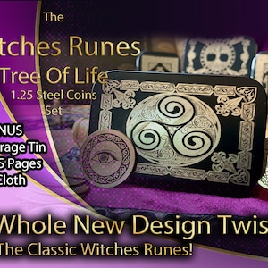 METAL Witches Runes Stone Coins Set Handmade & Storage Tin Steel Triquetra Celtic Divination Fortune DND Dice Lighter BOS Pages Set Cloth 2