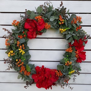 Luxurious Year-Round Red Hydrangea, Eucalyptus & Mixed Berry Wreath