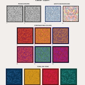 May include: Color chart showing different color combinations for a design. The chart includes monochrome, white background, contrasting colors, and tone-on-tone color schemes.