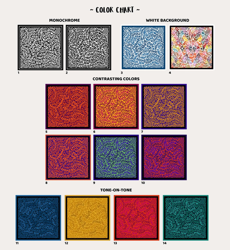 May include: Color chart showing different color combinations for a design. The chart includes monochrome, white background, contrasting colors, and tone-on-tone color schemes.