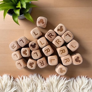 May include: A collection of wooden dice with the letters "L" and "R" and Mickey Mouse silhouettes. The dice are scattered on a light brown surface, with a small potted plant in the background. A white fluffy rug is at the bottom.