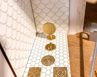 Modern Dollhouse 1/12 scale Shower Hardware. Round Shower Head, handle and drain. Gold, Silver, Black or Unpainted.