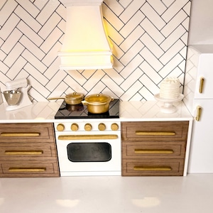 Modern Dollhouse Kitchen Stove Lower Cabinet. 1/12 scale. Walnut Finish. STOVE CABINET with Oven ONLY. No Hood.