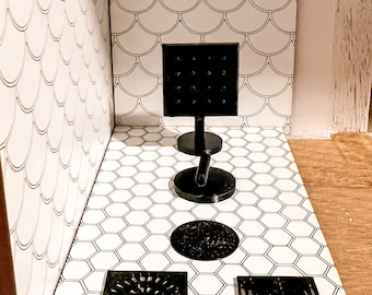 Modern Dollhouse 1/12 Scale Shower Hardware. Square Shower Head, handle and drain. Gold, Silver, Black or Unpainted.