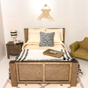 Modern Dollhouse Full / Queen Size Bed. Farmhouse walnut finish. 1/12 scale. Also available in Cherry & Maple.
