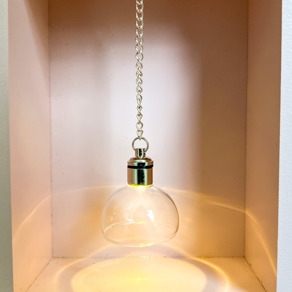 Modern Dollhouse Chain Style Glass Dome Pendant Light. Gold or Silver. 1/12 scale. Magnetic Connector. Bright White or Warm White light.