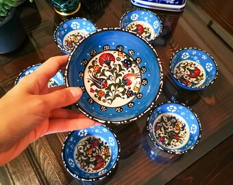 Set of 7 Blue Handmade Turkish Ceramic Bowls, Snack, Mezze, Breakfast, Nuts Bowls Set
