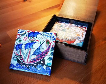 Mixed Set Ship-Themed Iznik Ottoman Ceramic Tile Coasters,  Handmade Turkish Ceramic Tile Drink Coasters x4 with velvet pad