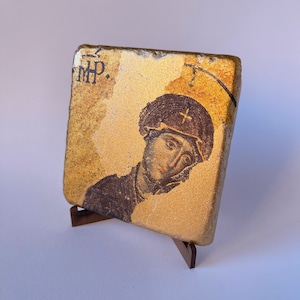 Virgin Mary Hagia Sophia &#39;Deesis&#39; Mosaic Reproduction with stand, Hand Pressed on Travertine Stone with gold foil, Orthodox altar decor