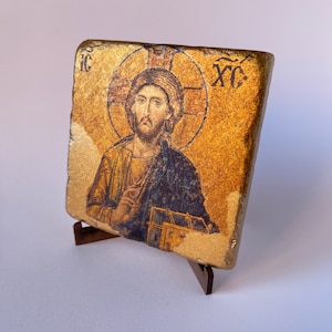 Jesus Christ from Hagia Sophia &#39;Deesis&#39; Mosaic Reproduction | Jesus Icon Pressed on Travertine Stone with gold foil, Orthodox Altar decor