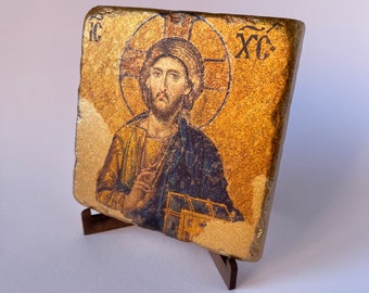 Jesus Christ from Hagia Sophia 'Deesis' Mosaic Reproduction | Jesus Icon Pressed on Travertine Stone with gold foil, Orthodox Altar decor