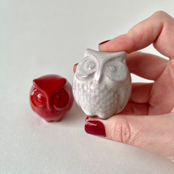 Xmas Decor Ceramic Owl Couple, Set of 2, Handmade pottery owl knick knacks, red and White Owl bibelot set