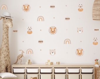 Calcomanías de la etiqueta engomada de la pared del animal del Safari de Boho / arte de la pared del cuarto de niños del león / decoración de la sala de juegos de la selva