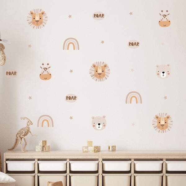 Boho Safari Animal Wall Sticker Decals | Lion Nursery Wall Art | Jungle Playroom Decor