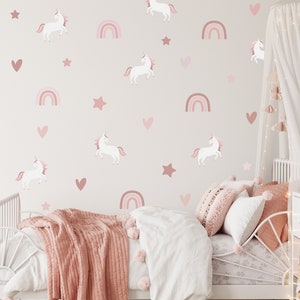 Väggdekaler med enhörning och regnbåge | Enhörningsklistermärken | Väggdekaler med regnbåge till barnrum Dusky Pink Unicorns