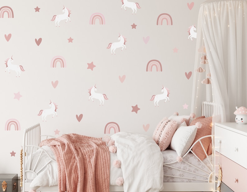 Väggdekaler med enhörning och regnbåge | Enhörningsklistermärken | Väggdekaler med regnbåge till barnrum Dusky Pink Unicorns