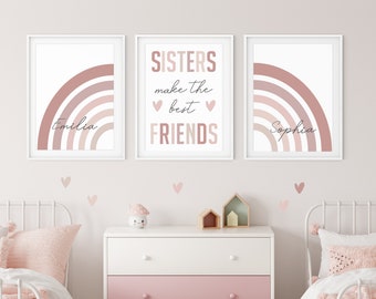 Personalised Sister Pink Rainbow Posters | Set of 3 Posters | Nursery Prints