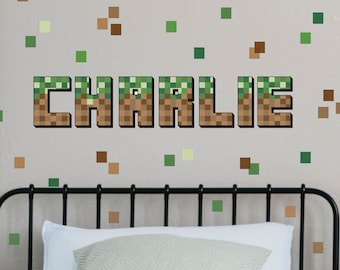 Naklejka ścienna z pikselowymi literami | Litery inspirowane Minecraftem | Naklejka dla gracza