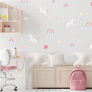 Väggdekaler med enhörning och regnbåge | Enhörningsklistermärken | Väggdekaler med regnbåge till barnrum Rainbow Unicorns