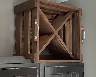 Handmade Pine Wine Cube Rack – Holds 15 Bottles – Portable Storage Crate with Handles