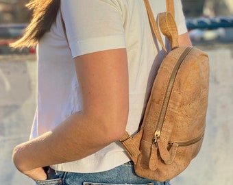Cork Small Backpack (Mini Small Cork Leather Vegan Backpack, Ecofriendly Backpack, Trendy Small Bag, Minimalist Travel Backpack)