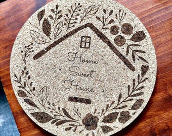 Portuguese Cork Tile Hot Pad Trivet, Home Sweet Home Cork Trivet for Hot Dishes, Hot Pads Holder for Pots Pans Teapots Baking Sheets