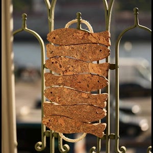 May include: A decorative hanging featuring six fish cutouts made from cork, suspended by a rope. The fish are various shades of brown and tan, with small eye details. The background is blurred, showing a green metal fence.