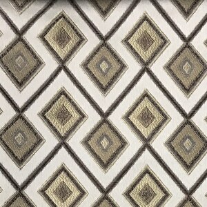 May include: A close-up of a fabric featuring a repeating geometric diamond pattern. The diamonds are in shades of beige, brown, and gold, set against a cream-coloured background. Dark brown lines form the diamond outlines, creating a textured appearance.
