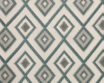 Blue Geometric Jacquard Fabric, Upholstery Cloth, 54" Wide