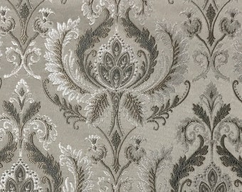 Silver Damask Jacquard Fabric: Upholstery & Drapery Material