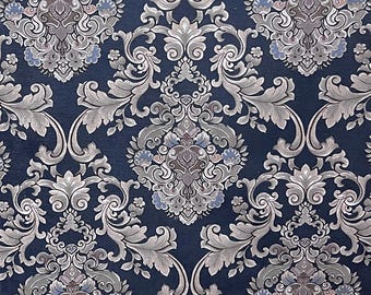 Blauer Damast Samt-Polsterungs-Stoff, ein barockes Medaillon, 139 cm breit