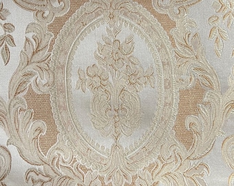 Beige Jacquard Damask Upholstery Fabric: Heavyweight 54" Wide