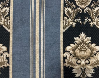 May include: A close-up of a patterned fabric with a blue center stripe and cream-colored vertical stripes. The sides feature a dark blue background with a floral damask design in cream and brown.