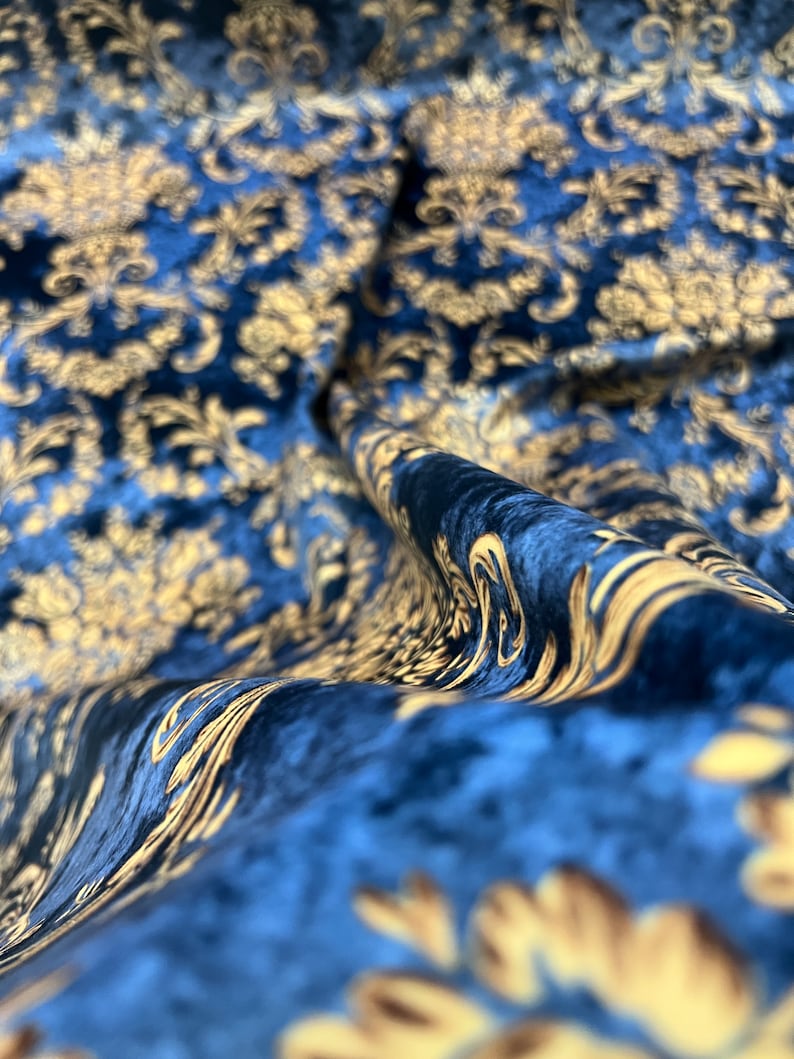 Royal Blue Damask Velvet Finish Digital Print Furnishing Etsy