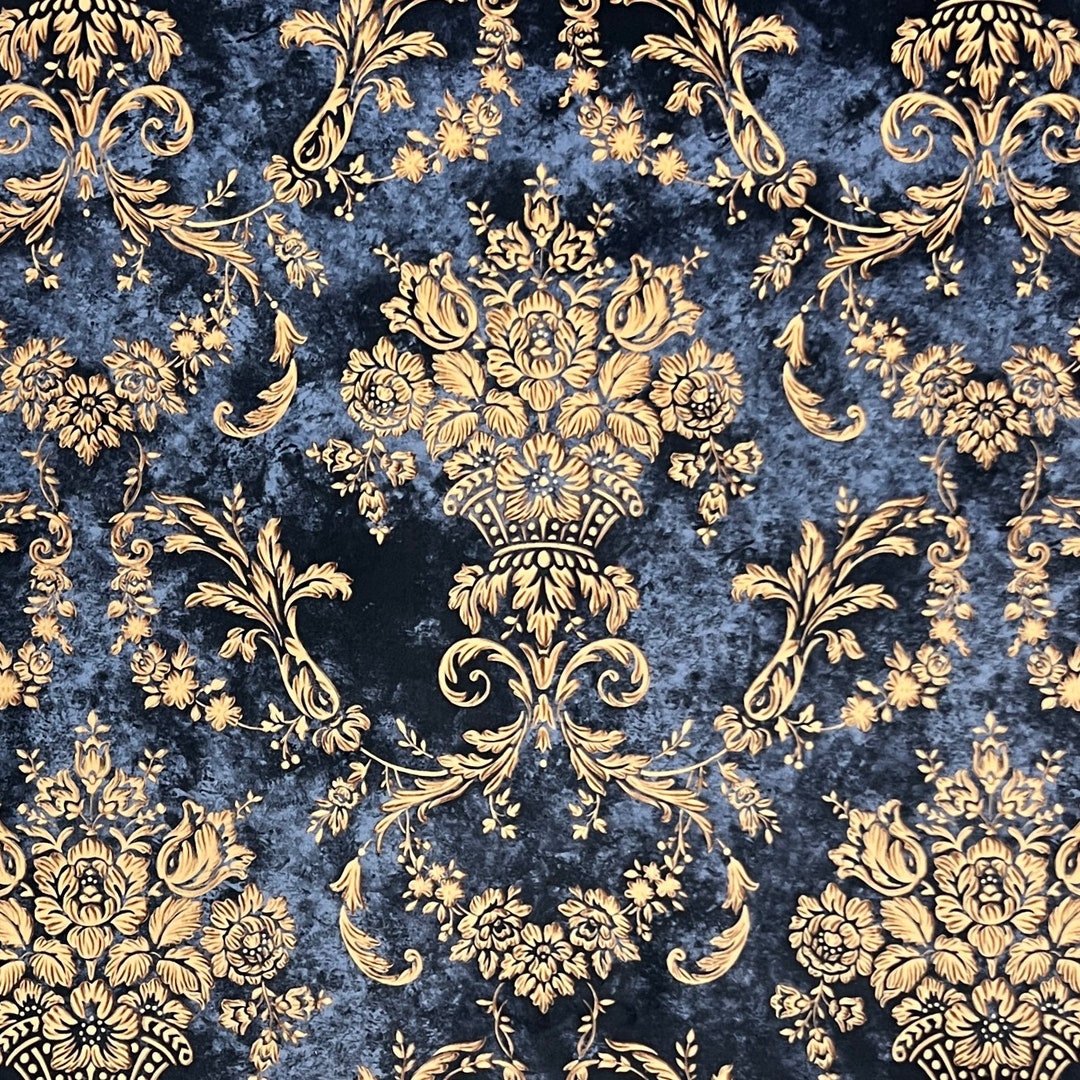 Royal Blue Damask Velvet Finish Digital Print Furnishing Fabric for Curtains Upholstery Sofa